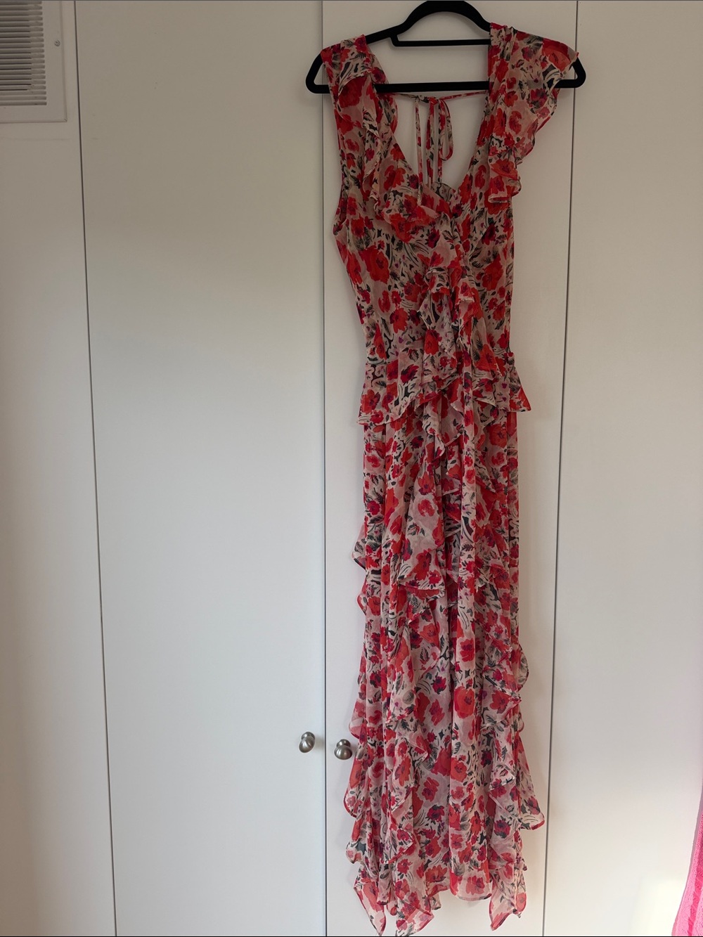 Misa Los Angeles Red Floral Ruffle Tie-Back Maxi Dress